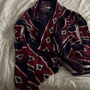 Ruff Hewn Burgundy and Navy Patterned Poncho